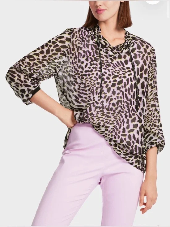 Marc Cain Sport Long-Sleeve Animal Print Drawcord Top in Lavender and Black S - Picture 1 of 14